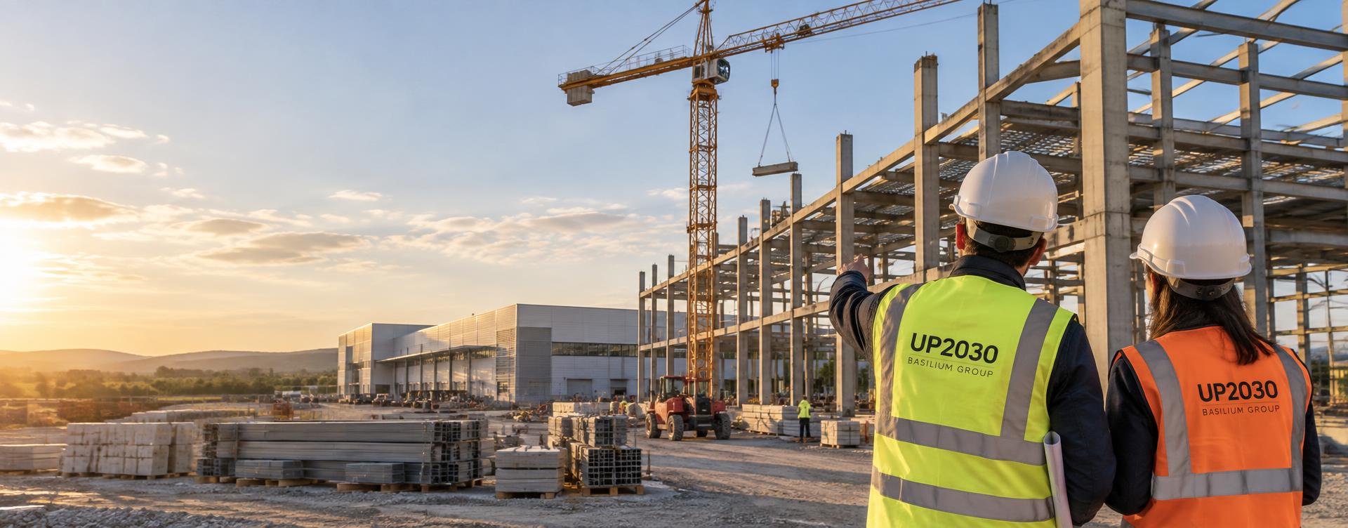 Dois profissionais de costas, com capacetes brancos e coletes refletores, num estaleiro de construção de pavilhão industrial com grua torre e unidade de produção ao fundo